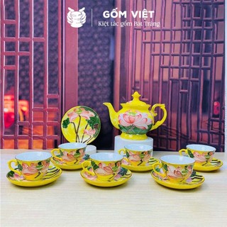 Bộ ấm chén vân đá dáng cát tường đắp nổi đài sen viền vàng kim - Gốm sứ Bát Tràng - Gốm Việt
