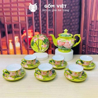 Bộ ấm chén vân đá dáng cát tường đắp nổi đài sen viền vàng kim - Gốm sứ Bát Tràng - Gốm Việt
