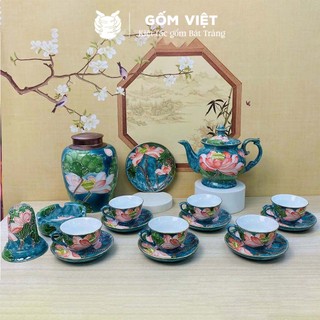 Bộ ấm chén vân đá dáng cát tường đắp nổi đài sen viền vàng kim - Gốm sứ Bát Tràng - Gốm Việt