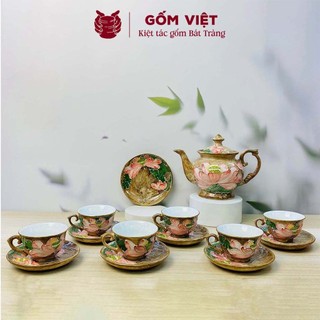 Bộ ấm chén vân đá dáng cát tường đắp nổi đài sen viền vàng kim - Gốm sứ Bát Tràng - Gốm Việt