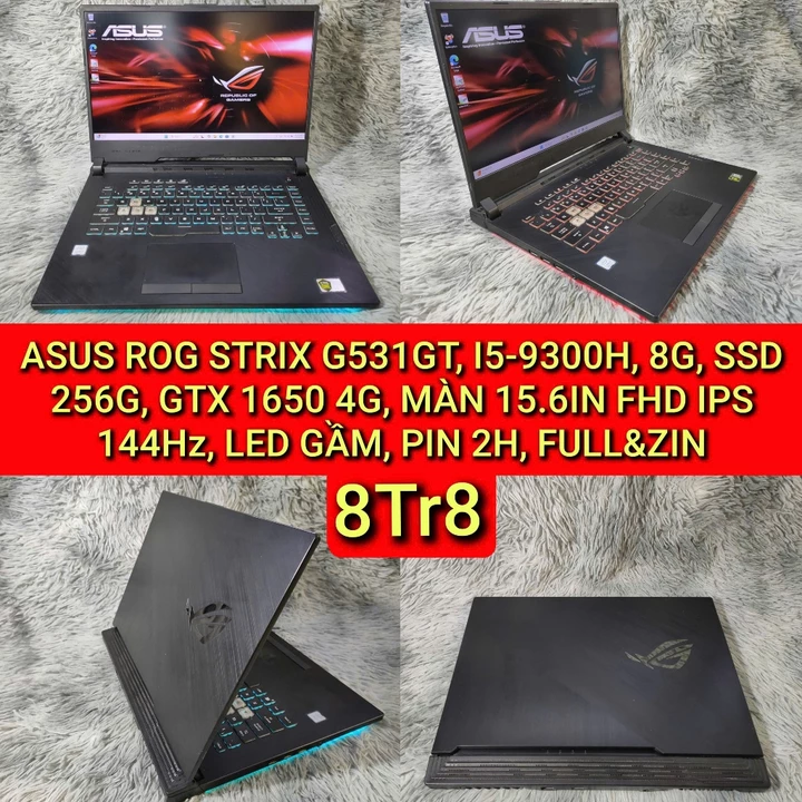 LAPTOP ASUS GAMING ROG STRIX G531, I5-9300H, 8G, SSD 256G, GTX 1650 4G, MÀN 15.6IN FHD 144Hz, LED GẦM, PIN 2H, FULL&ZIN