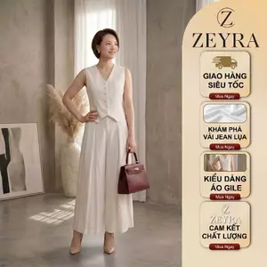 Set Đồ Công Sở Nữ Áo Gile Cổ V Sát Nách Kèm Quần Ống Rộng Suông Xếp Ly ZEYRA, Chất Vải Jean Lụa Cao Cấp Dạo Phố, Đi Tiệc
