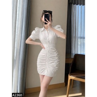 Đầm sơ mi thô chun tay bồng nhún hông hack dáng A2360
