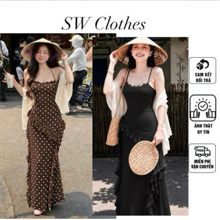Đầm body hai dây phối ren đi biển dáng dài viền bèo dáng dài co giãn ôm dáng