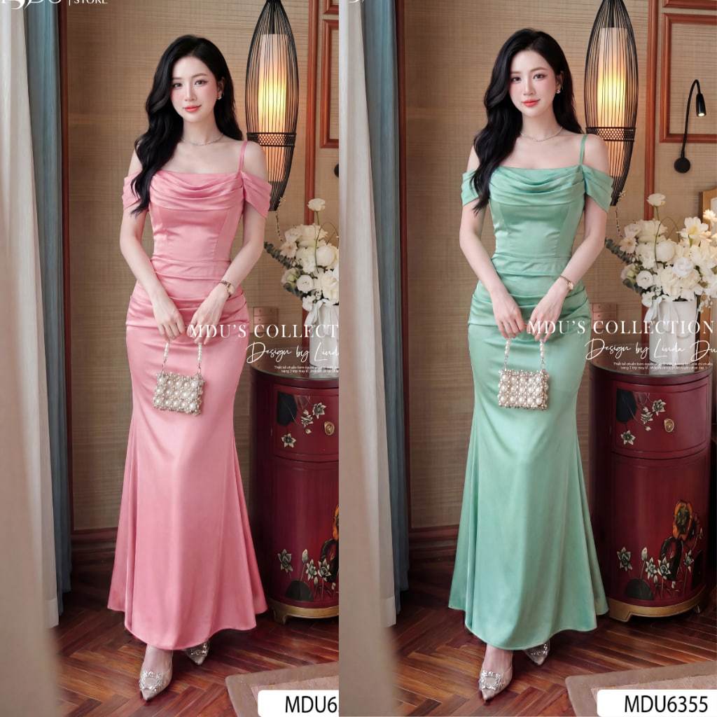 Váy Thiết Kế ADELA DESIGN Lụa Twist Satin Dáng Đuôi Cá Hai Dây BST MDU6355