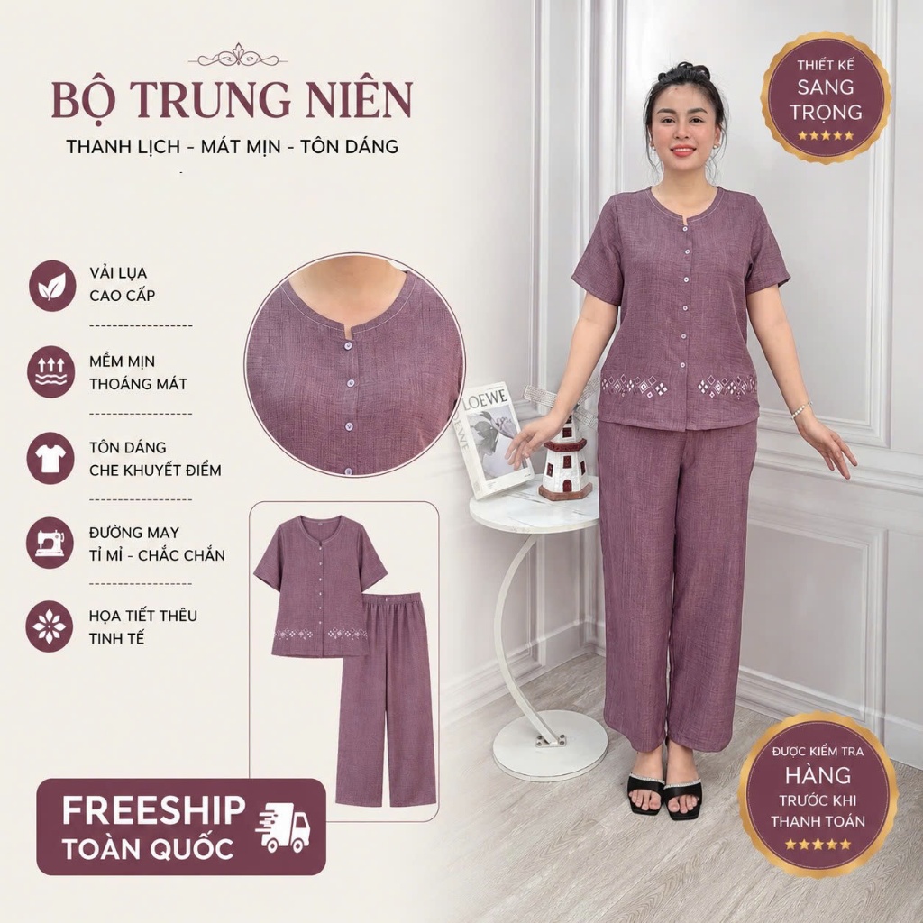 Y24-42 Đồ bộ trung niên mặc nhà hay ra phố chất đũi mềm nhẹ , không nhăn,  dễ mặc , có size