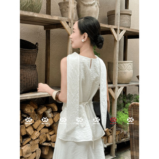 Set váy áo tơ thô nhăn 2 lớp Mini Cica, áo cổ cách điệu phối với chân váy xoè, set váy đi biển S01