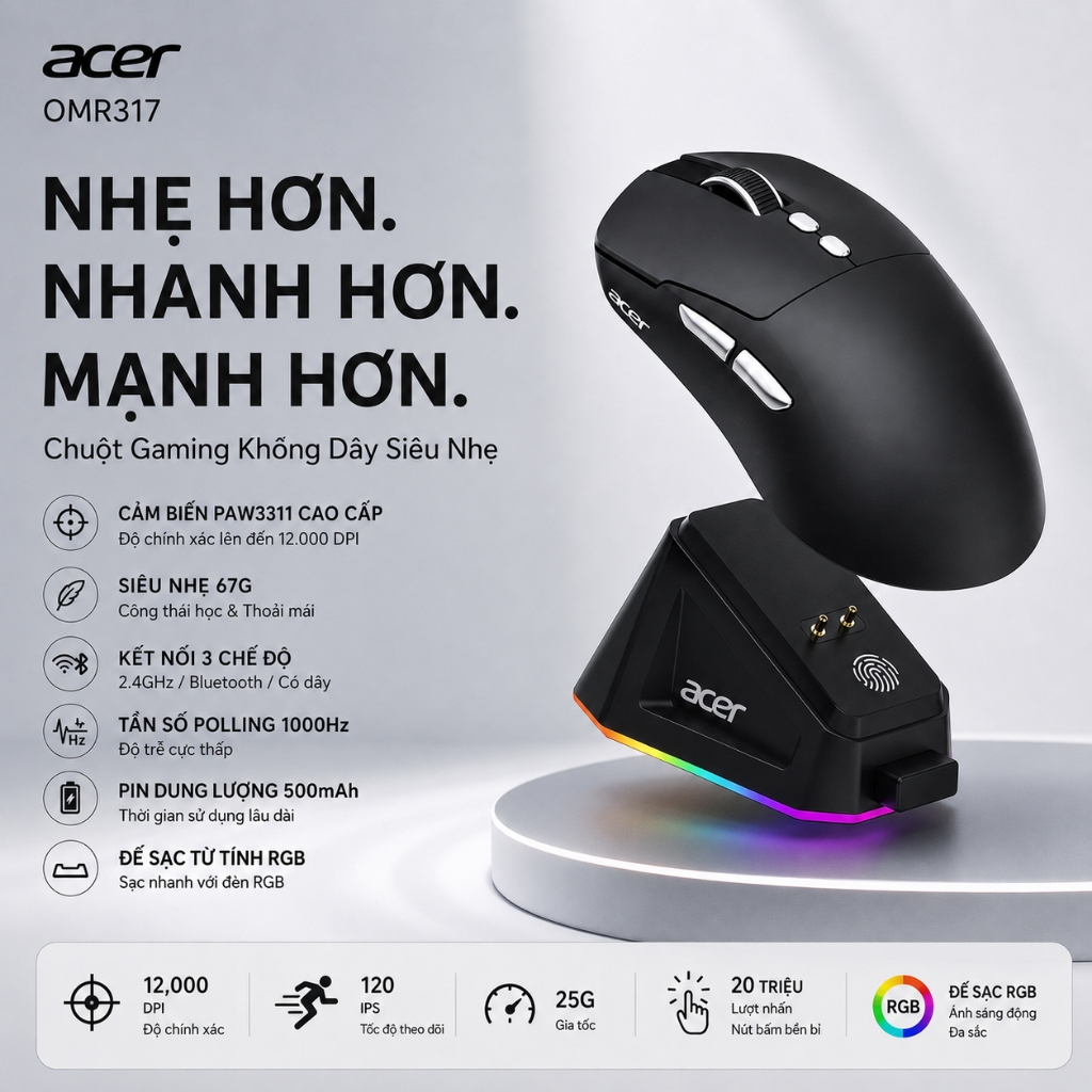 ACER OMR317 Chuột Gaming Không Dây 3 Chế | Bluetooth / 2.4G / Có dây | Tốc độ phản hồi 1K + Đế sạc | BigBuy360 - bigbuy360.vn
