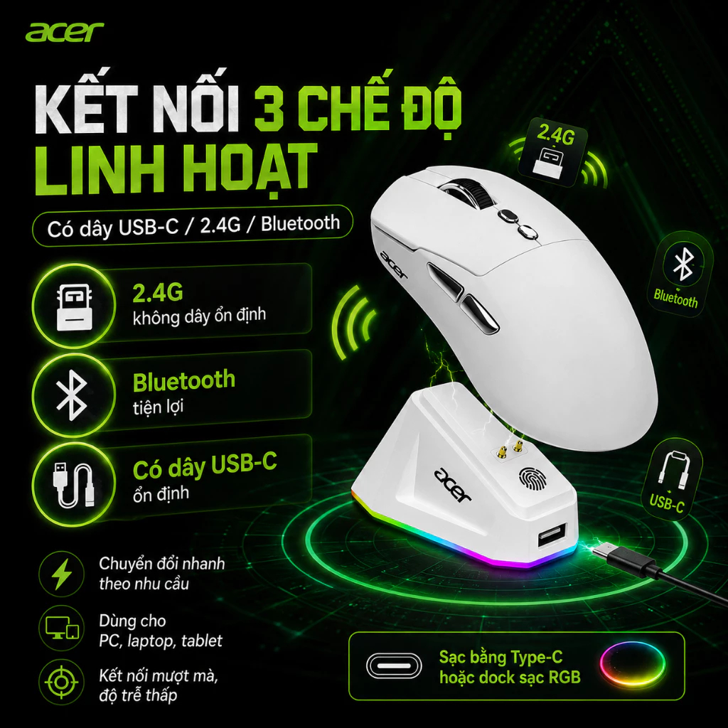 ACER OMR317 Chuột Gaming Không Dây 3 Chế | Bluetooth / 2.4G / Có dây | Tốc độ phản hồi 1K + Đế sạc | BigBuy360 - bigbuy360.vn
