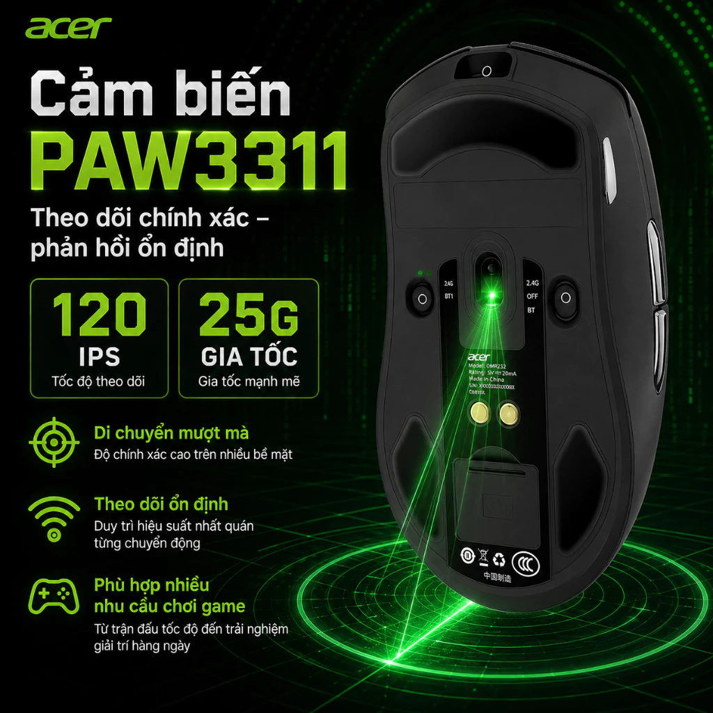 ACER OMR317 Chuột Gaming Không Dây 3 Chế | Bluetooth / 2.4G / Có dây | Tốc độ phản hồi 1K + Đế sạc | BigBuy360 - bigbuy360.vn