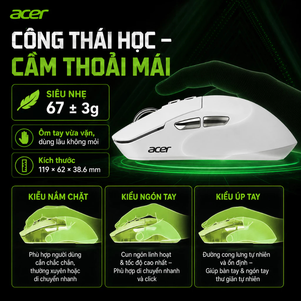 ACER OMR317 Chuột Gaming Không Dây 3 Chế | Bluetooth / 2.4G / Có dây | Tốc độ phản hồi 1K + Đế sạc | BigBuy360 - bigbuy360.vn