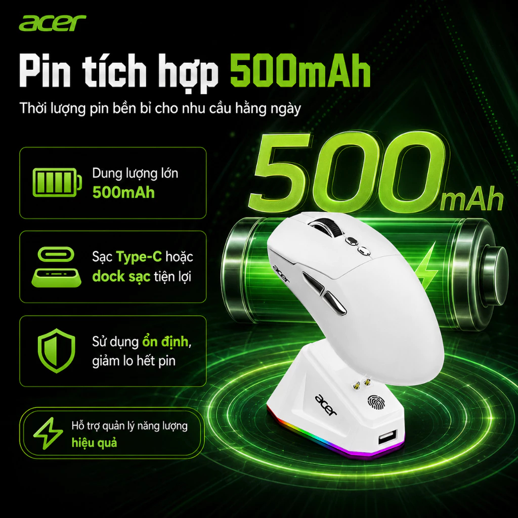 ACER OMR317 Chuột Gaming Không Dây 3 Chế | Bluetooth / 2.4G / Có dây | Tốc độ phản hồi 1K + Đế sạc | BigBuy360 - bigbuy360.vn