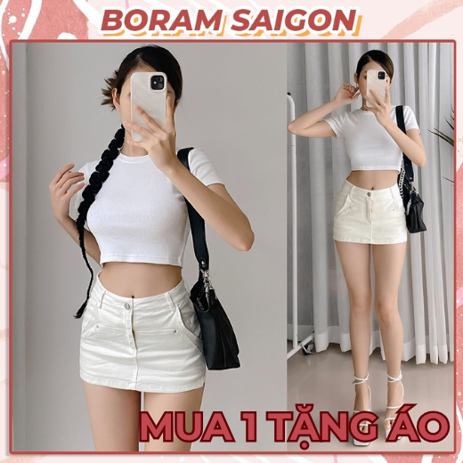 Chân váy trắng ngắn bó sát chất liệu kaki, quần giả váy tôn dáng cá tính BORAM SG