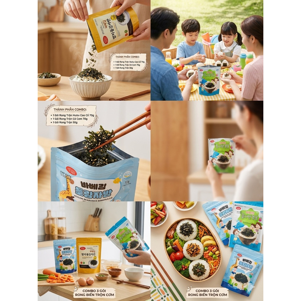 COMBO 3 Gói Rong Biển Trộn Mik 3 Loại Vị Truyền Thống Và Trộn Cá Cơm Thơm Ngon Ăn Liền(70g,50g Nguyên Vị+ 70g Cá Cơm)