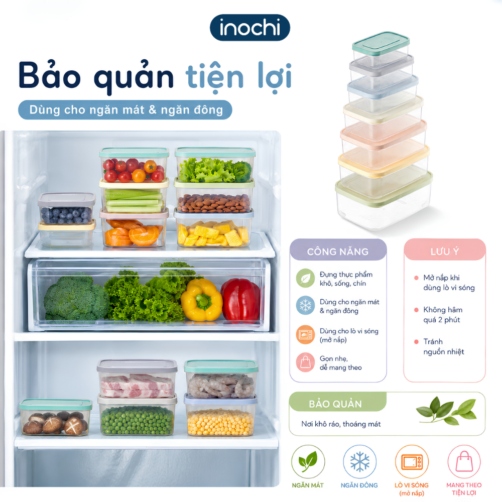 Bộ 3 hộp thực phẩm chữ nhật Inochi - Hokkaido (Bộ 500/1000/2000ml và bộ 750/1500/2500ml, nhiều màu)