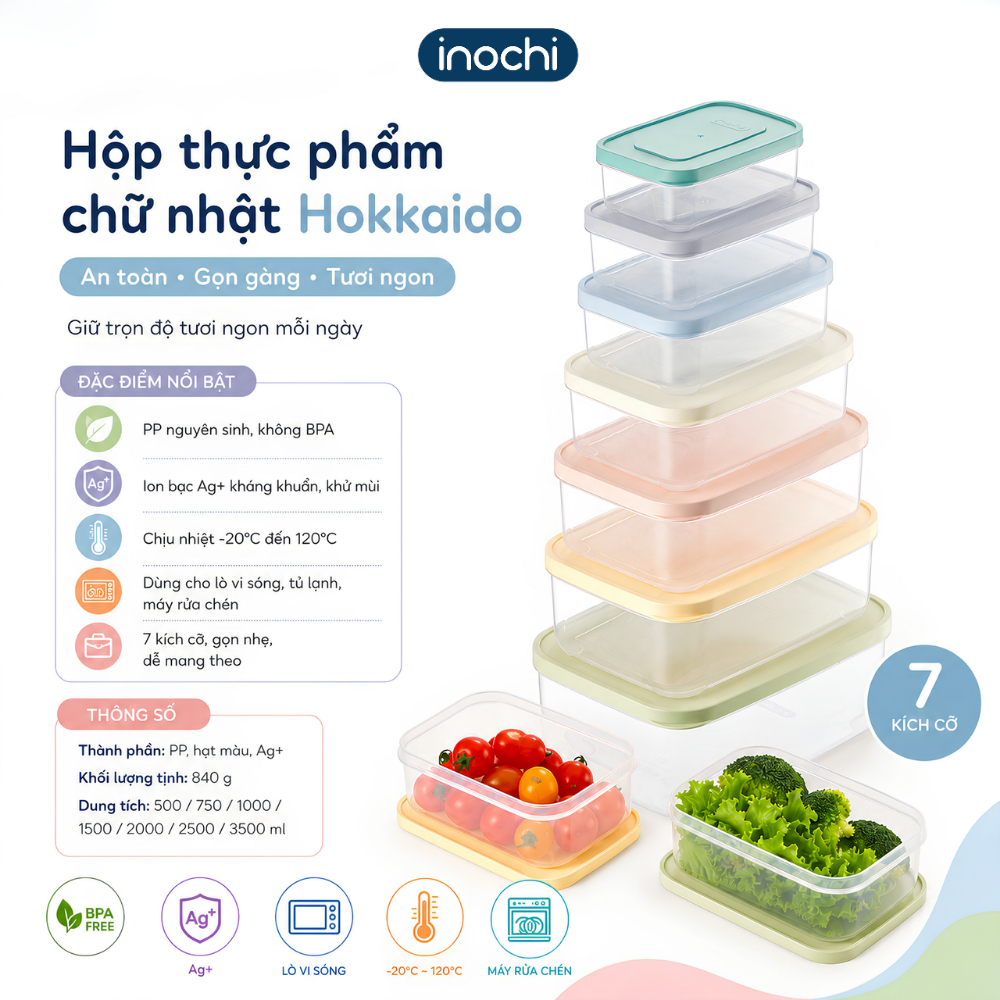 Bộ 3 hộp thực phẩm chữ nhật Inochi - Hokkaido (Bộ 500/1000/2000ml và bộ 750/1500/2500ml, nhiều màu)
