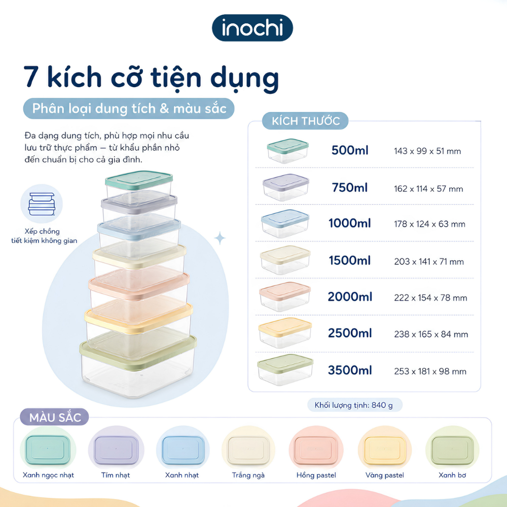 Bộ 3 hộp thực phẩm chữ nhật Inochi - Hokkaido (Bộ 500/1000/2000ml và bộ 750/1500/2500ml, nhiều màu)