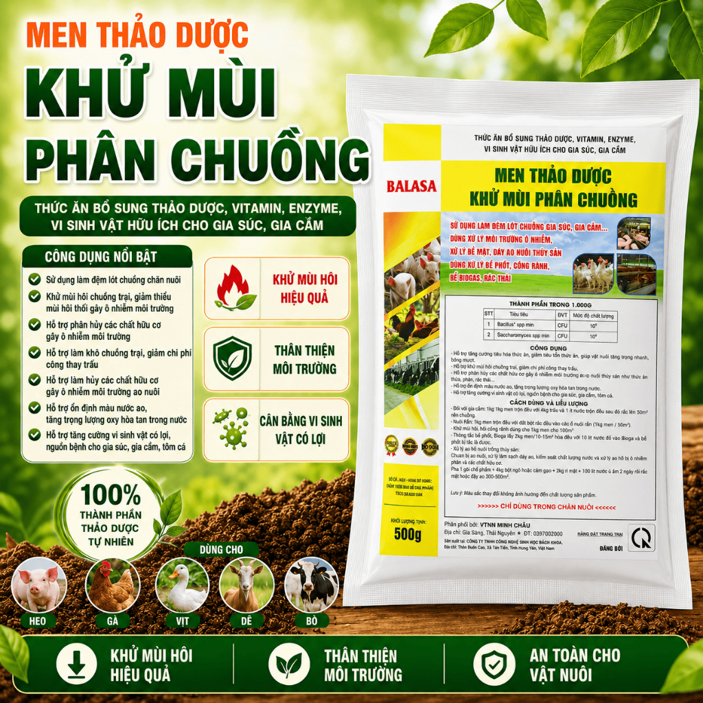 Men rắc chuồng thảo dược baalasa 1kg khử mùi hôi, hấp thu khí độ.c chăn nuôi