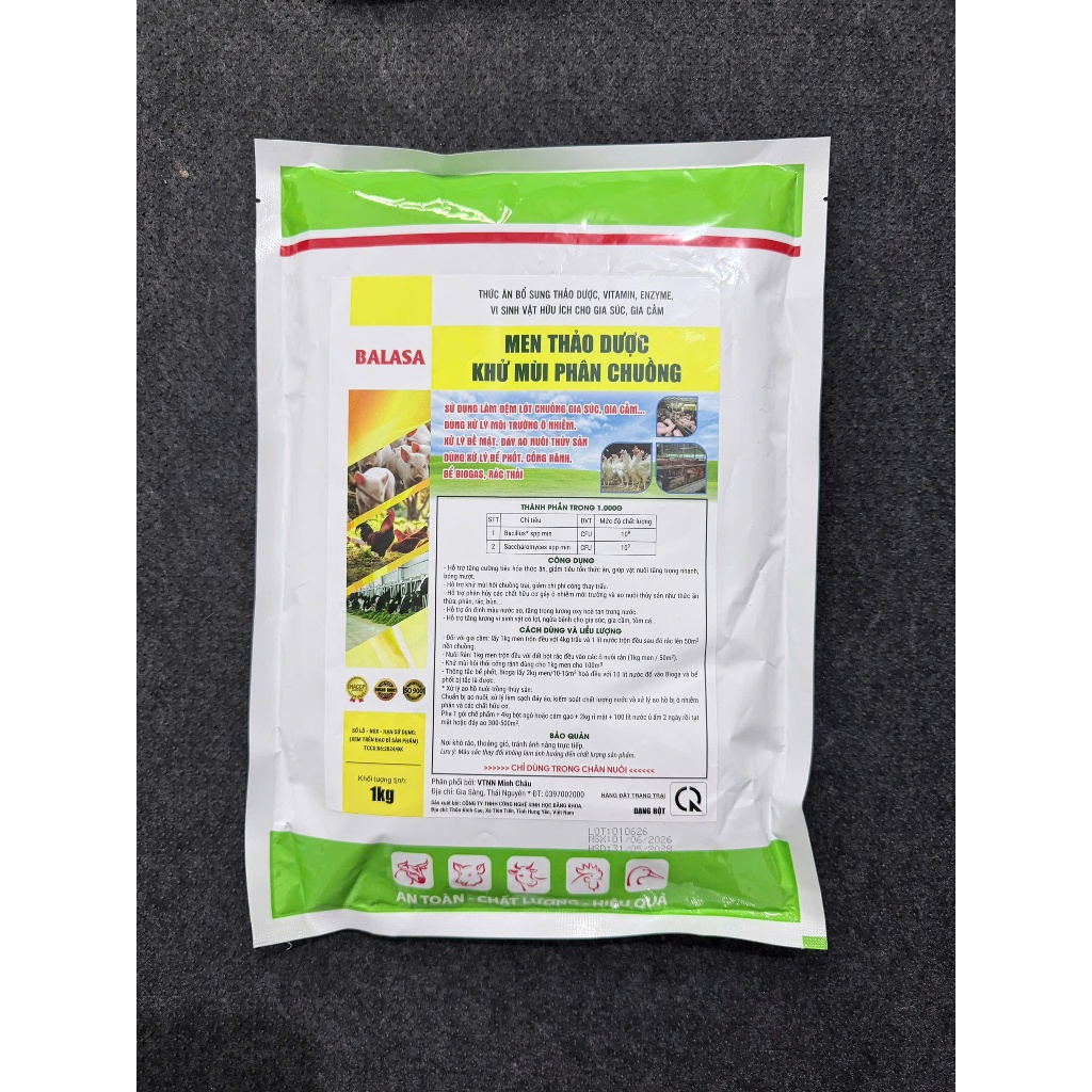 Men rắc chuồng thảo dược baalasa 1kg khử mùi hôi, hấp thu khí độ.c chăn nuôi