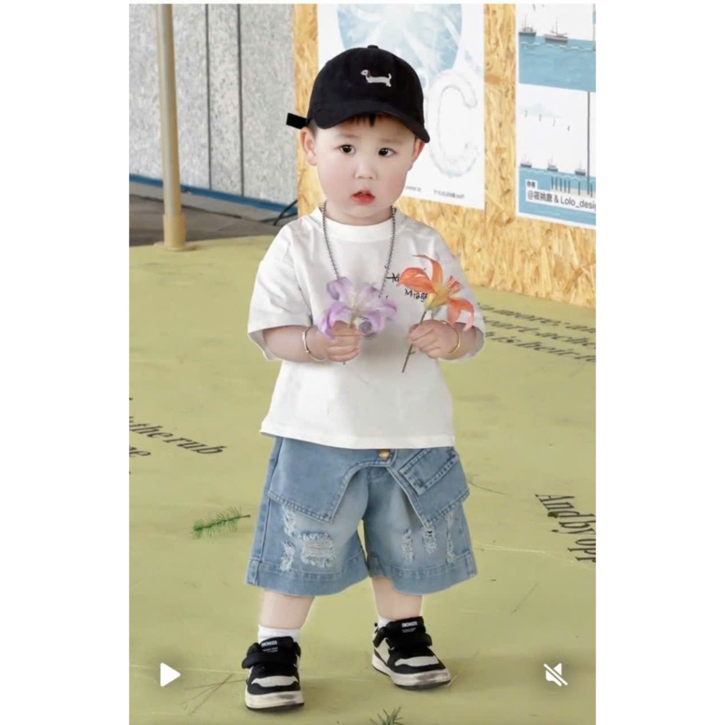 Set Bộ Bé Trai Cá Tính – Áo Thun(vải cottong) và Quần Short Jean Ống Rộng,(từ10 đên 30kg,(từ 1 đên 12 tuôi)
