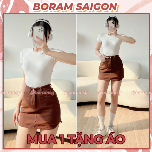 Chân váy kaki nữ ngắn, chân váy chữ a nâu BORAM SG (có quần trong)