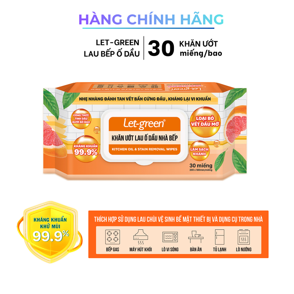 [Combo] Khăn Ướt Lau Bếp LET-GREEN Sạch Ố Dầu 30 Miếng - Tinh dầu bưởi bồ đào - An toàn cho da