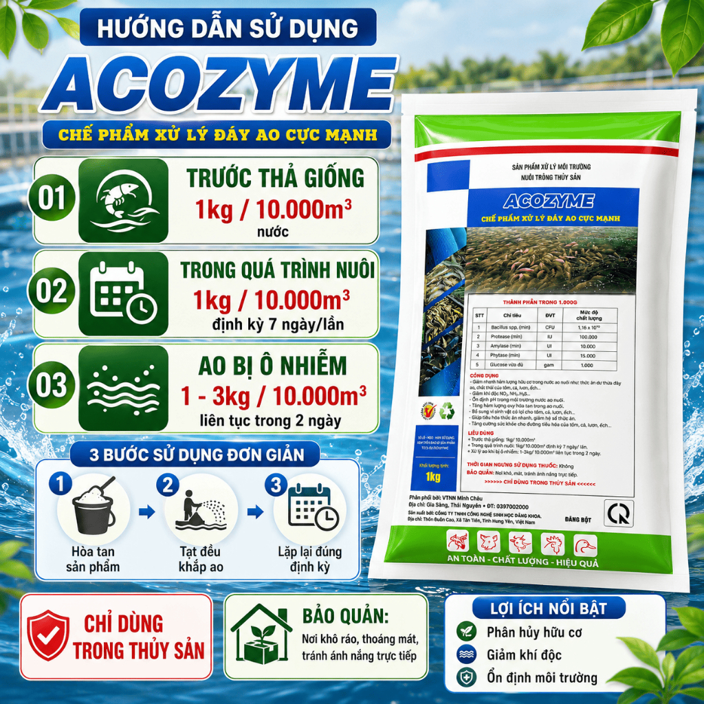 Men vi sinh xử lý đáy ao hồ acozym 1kg làm sạch, cân bằng hệ vi sinh nước nuôi tôm,cá.