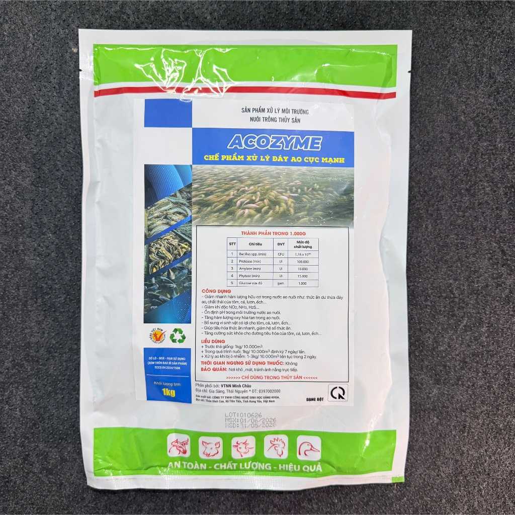 Men vi sinh xử lý đáy ao hồ acozym 1kg làm sạch, cân bằng hệ vi sinh nước nuôi tôm,cá.