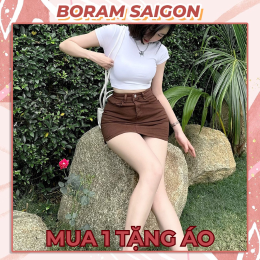 Chân váy kaki nâu ngắn, chân váy chữ a tôn dáng BORAM SG (có quần trong)