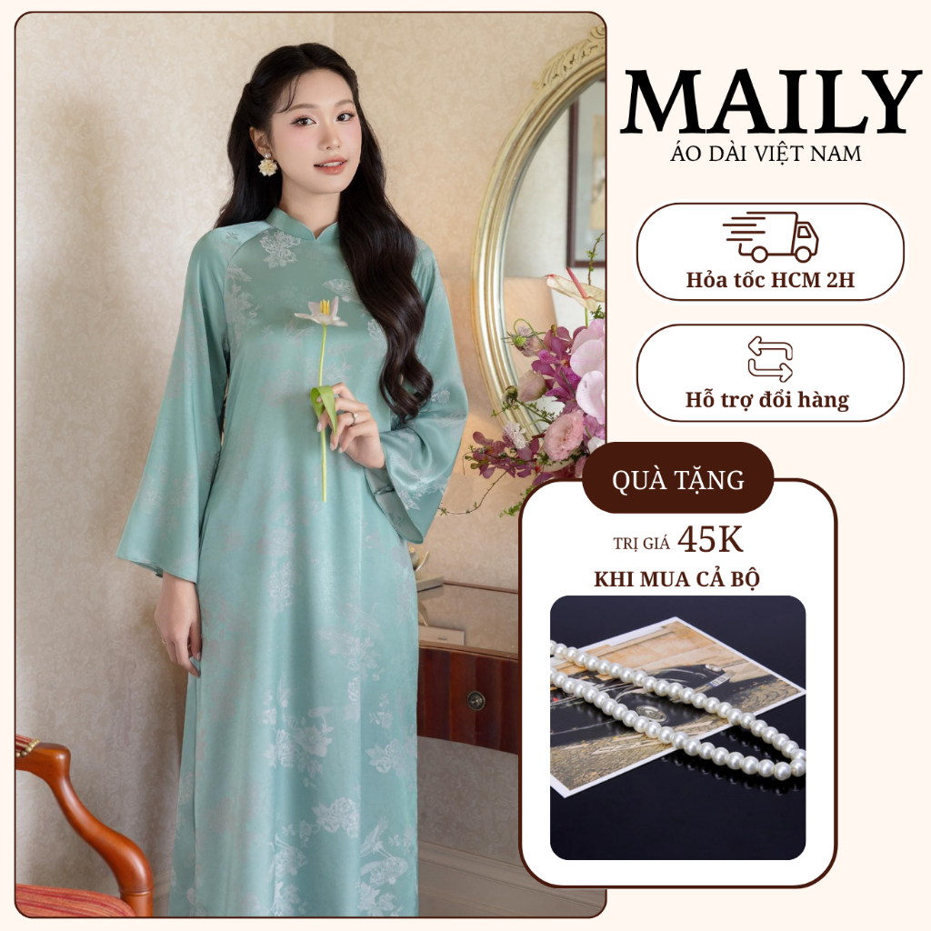 Áo Dài Lạc Vân Dáng Cách Tân Gấm Cao Cấp Cổ Cao Tay Dài Tay Loe Dịu Dàng Đón Xuân - ÁO DÀI MAILY