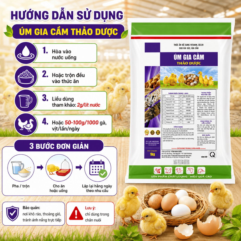 Úm gà, vịt, ngan, cút gói 1kg. Nhanh tiêu lòng đỏ, khỏe, lớn nhanh đồng đều