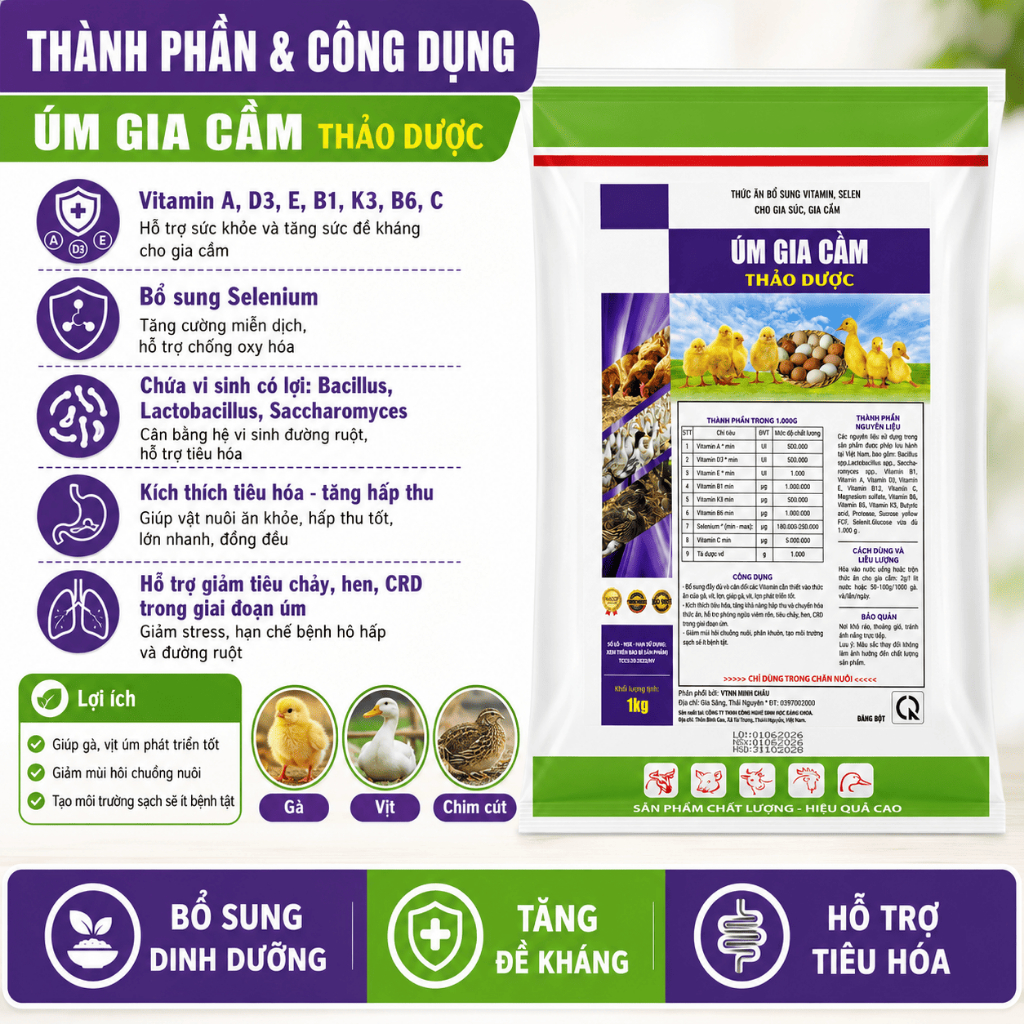 Úm gà, vịt, ngan, cút gói 1kg. Nhanh tiêu lòng đỏ, khỏe, lớn nhanh đồng đều
