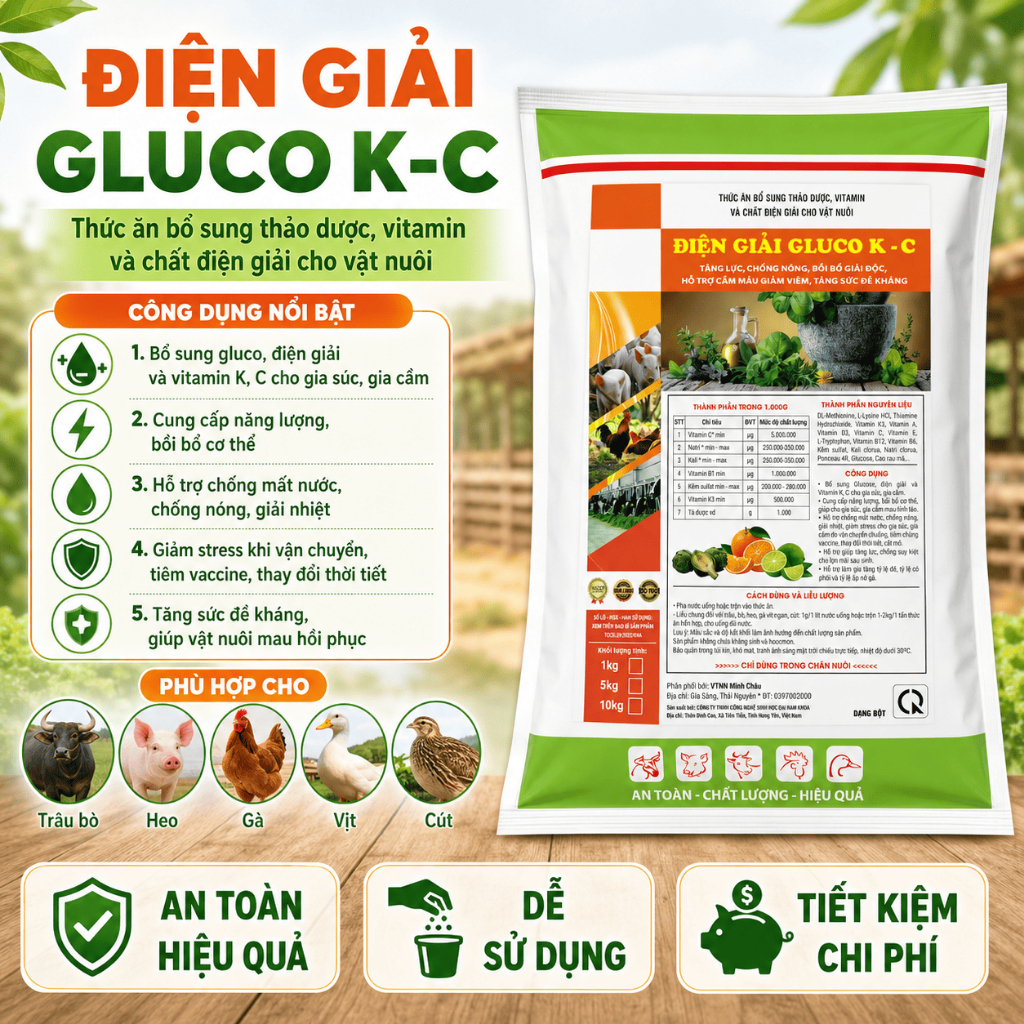 Điện giải Gluco KC 1kg hòa nước cho uống, giải nhiệt, chống nóng nắng cho gà, vịt, heo, trâu, bò, dê