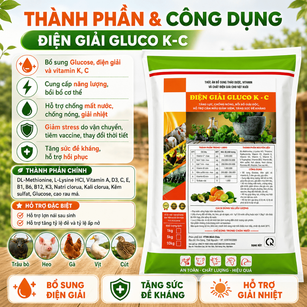 Điện giải Gluco KC 1kg hòa nước cho uống, giải nhiệt, chống nóng nắng cho gà, vịt, heo, trâu, bò, dê