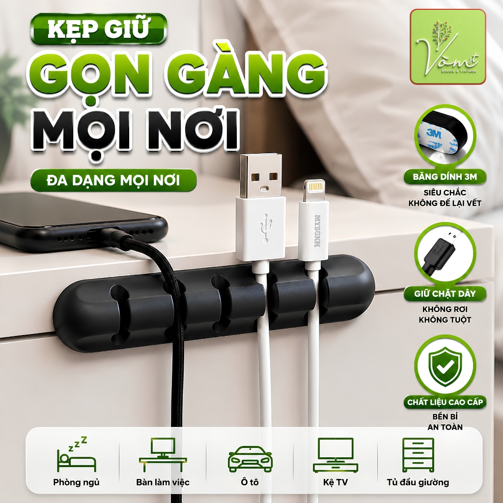 Kẹp Giữ Dây Cáp Silicone Cao Cấp Vòm Decor – Cố Định Cáp Sạc Điện Thoại, Laptop, Tablet – Dán Bàn Keo 3M Siêu Dính Mã K