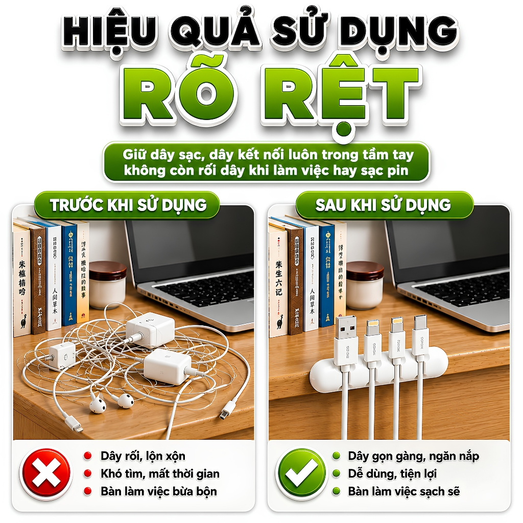 Kẹp Giữ Dây Cáp Silicone Cao Cấp Vòm Decor – Cố Định Cáp Sạc Điện Thoại, Laptop, Tablet – Dán Bàn Keo 3M Siêu Dính Mã K