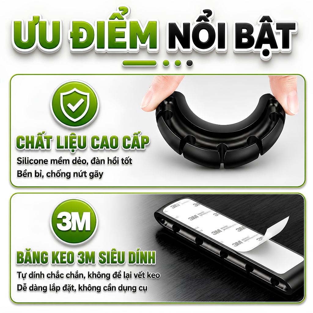Kẹp Giữ Dây Cáp Silicone Cao Cấp Vòm Decor – Cố Định Cáp Sạc Điện Thoại, Laptop, Tablet – Dán Bàn Keo 3M Siêu Dính Mã K