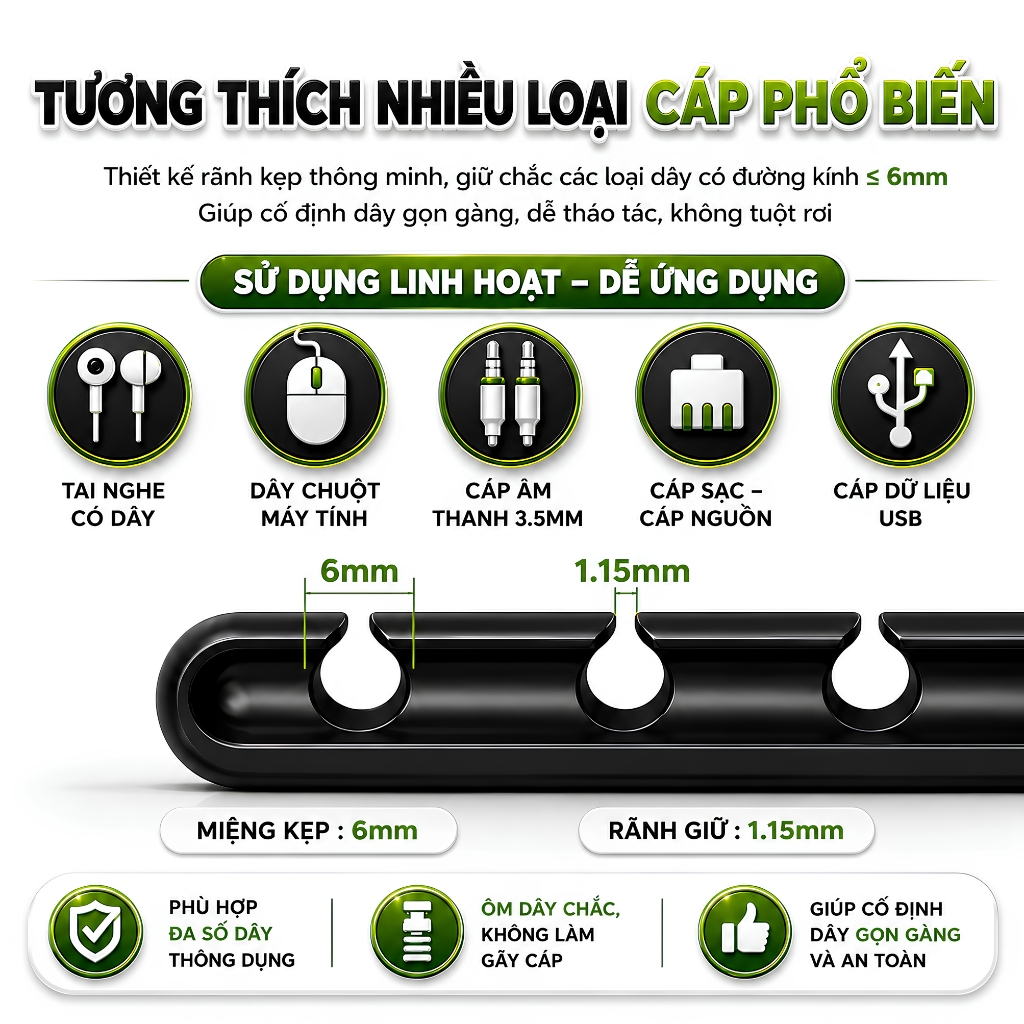 Kẹp Giữ Dây Cáp Silicone Cao Cấp Vòm Decor – Cố Định Cáp Sạc Điện Thoại, Laptop, Tablet – Dán Bàn Keo 3M Siêu Dính Mã K