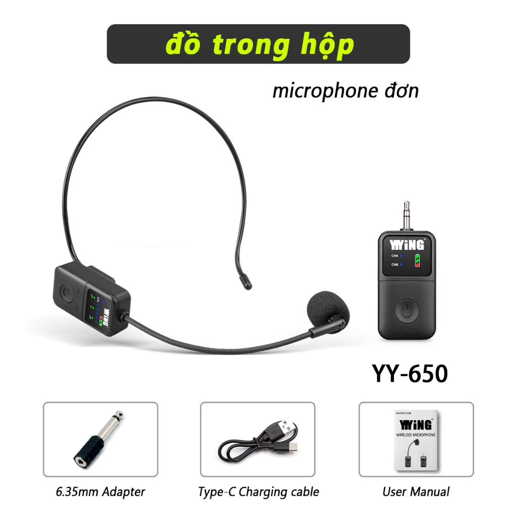 Microphone không dây YIYiNG chụp đầu, giảm ồn, thời lượng pin dài