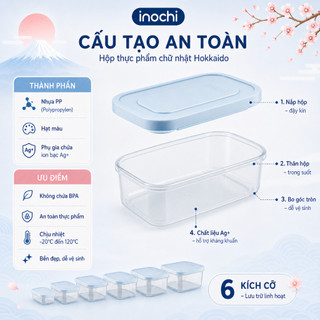 Bộ 6 Hộp Đựng Thực Phẩm Chữ Nhật Inochi: 500-750-1000-1500-2000-2500ml, Nhựa PP, An Toàn, Kín Khít