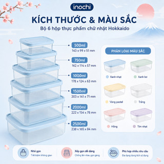 Bộ 6 Hộp Đựng Thực Phẩm Chữ Nhật Inochi: 500-750-1000-1500-2000-2500ml, Nhựa PP, An Toàn, Kín Khít