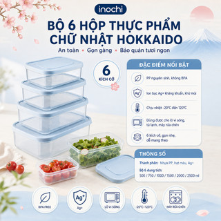 Bộ 6 Hộp Đựng Thực Phẩm Chữ Nhật Inochi: 500-750-1000-1500-2000-2500ml, Nhựa PP, An Toàn, Kín Khít
