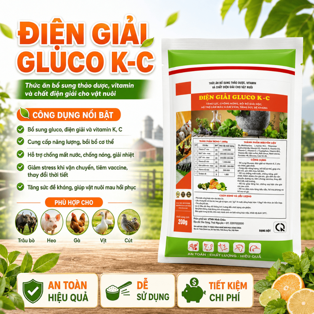 Điện giải Gluco KC 1kg hòa nước cho uống, giải nhiệt, chống nóng nắng cho gà, vịt, heo, trâu, bò, dê