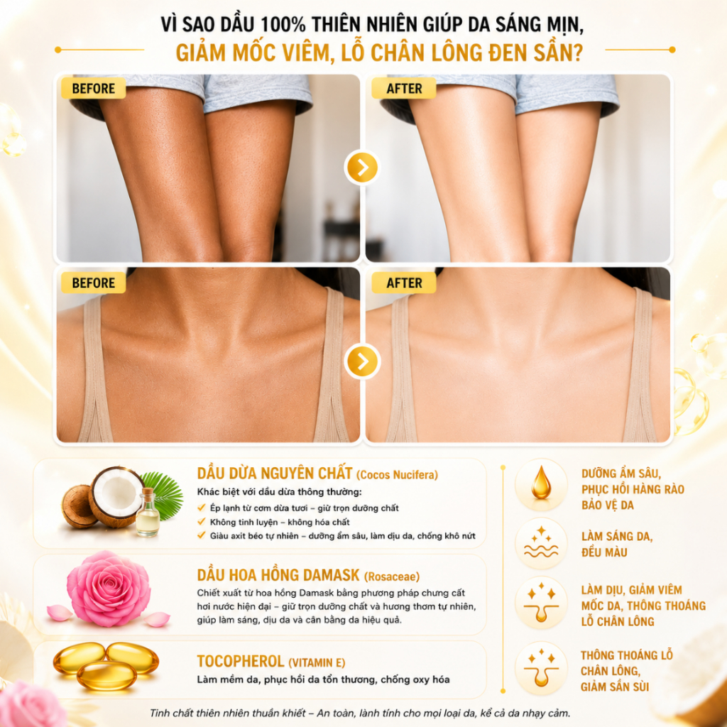 DẦU DƯỠNG SÁNG DA GIẢM THÂM Ấn Độ, căng bóng và ẩm mượt, đều màu da tức thì, hương hoa hồng thơm lâu