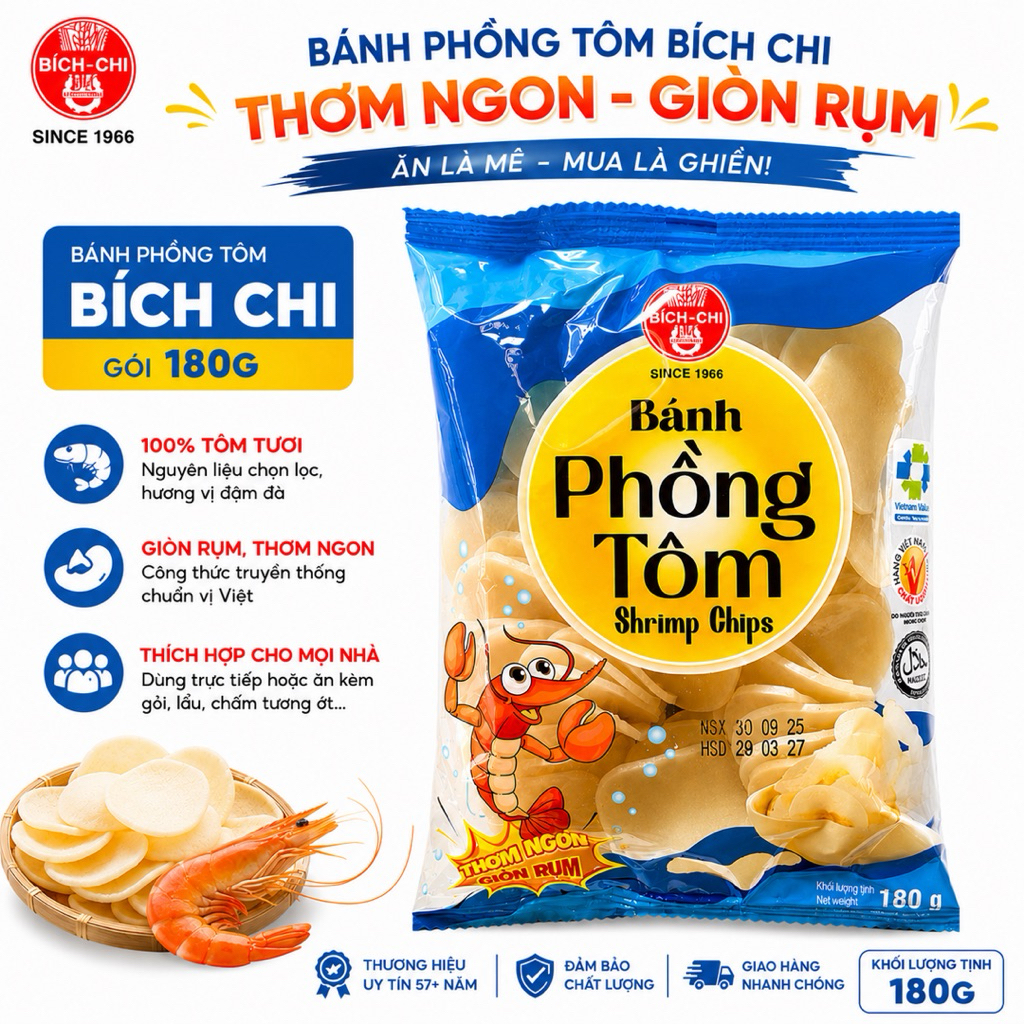 Bánh phồng tôm Bích Chi 180g và 90g/ gói - thơm ngon, giòn tan, hương vị đậm đà