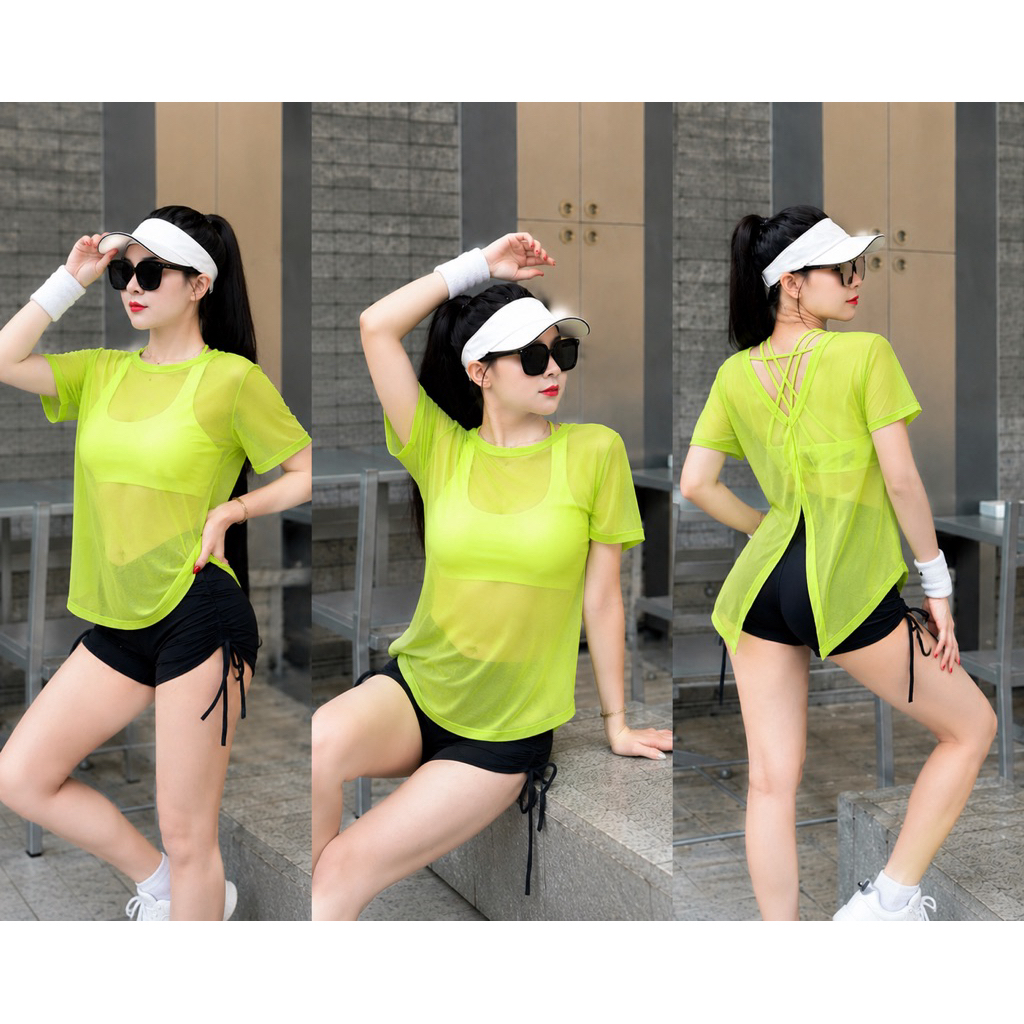 Tank cộc tay lưới xẻ tà tập gym che bắp tay tốt chất lưới mịn 005TRƠN