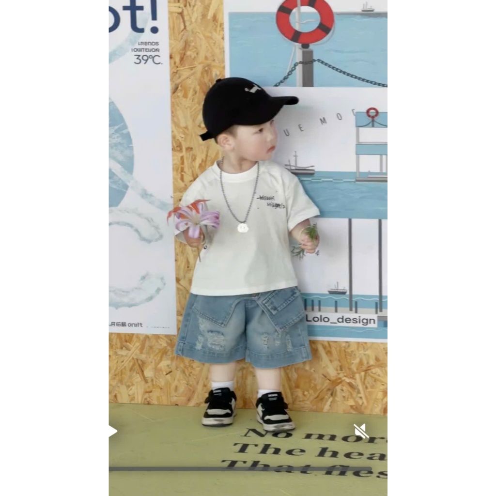 Set Bộ Bé Trai Cá Tính – Áo Thun(vải cottong) và Quần Short Jean Ống Rộng,(từ10 đên 30kg,(từ 1 đên 12 tuôi)