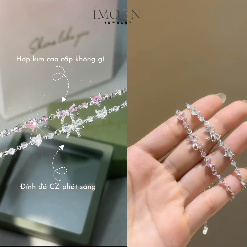 Lắc tay nơ đính đá hồng, đá trắng cao cấp, lắc tay titan bạc nữ không gỉ IMOON064