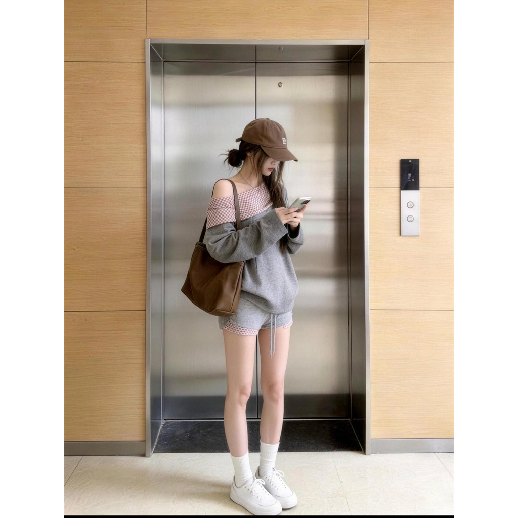🤍 Set áo trễ vai nỉ xám xinh xắn, outfit nữ trẻ trung dễ thương | BigBuy360 - bigbuy360.vn