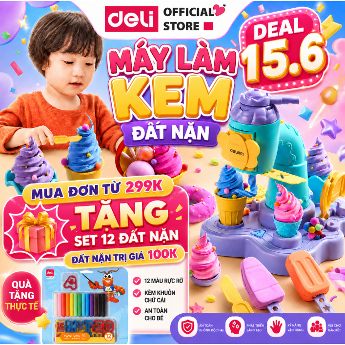 Bộ Đồ Chơi Máy Làm Kem Kèm Đất Nặn Deli  - Máy Làm Mì Hamburger Kèm Dụng Cụ Và Khuôn Không Dính Tay An Toàn